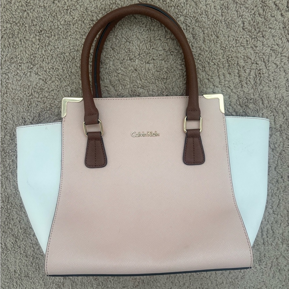 Large Calvin Klein Leather Purse Pink/White/Brown Shoulder Zip Bag